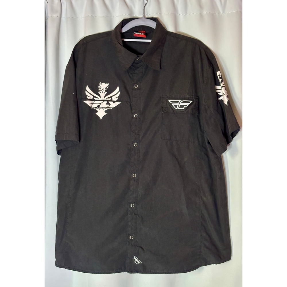 Fly Racing Mens Large Black Short Sleeve Snap Button Motocross Graphic Shirt